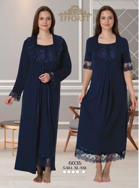 Effortt 6035 LACİVERT Dantelli Sabahlıklı Lohusa Gecelik Takımı